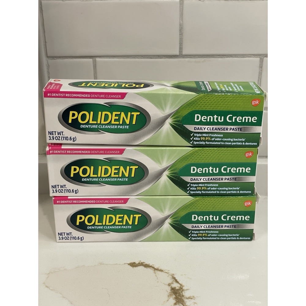 3 Pack Polident Dentu-Creme Denture Cleanser Paste Toothpaste Mint‎ 3.9 oz